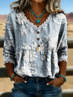 Vintage Floral Print V-neck 3/4 Sleeve Blouse