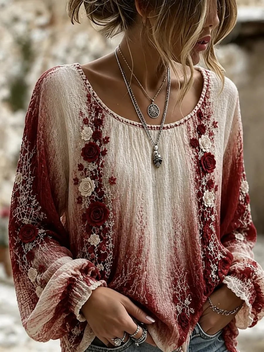 Casual Crew Neck Long Sleeve Floral Printing Top