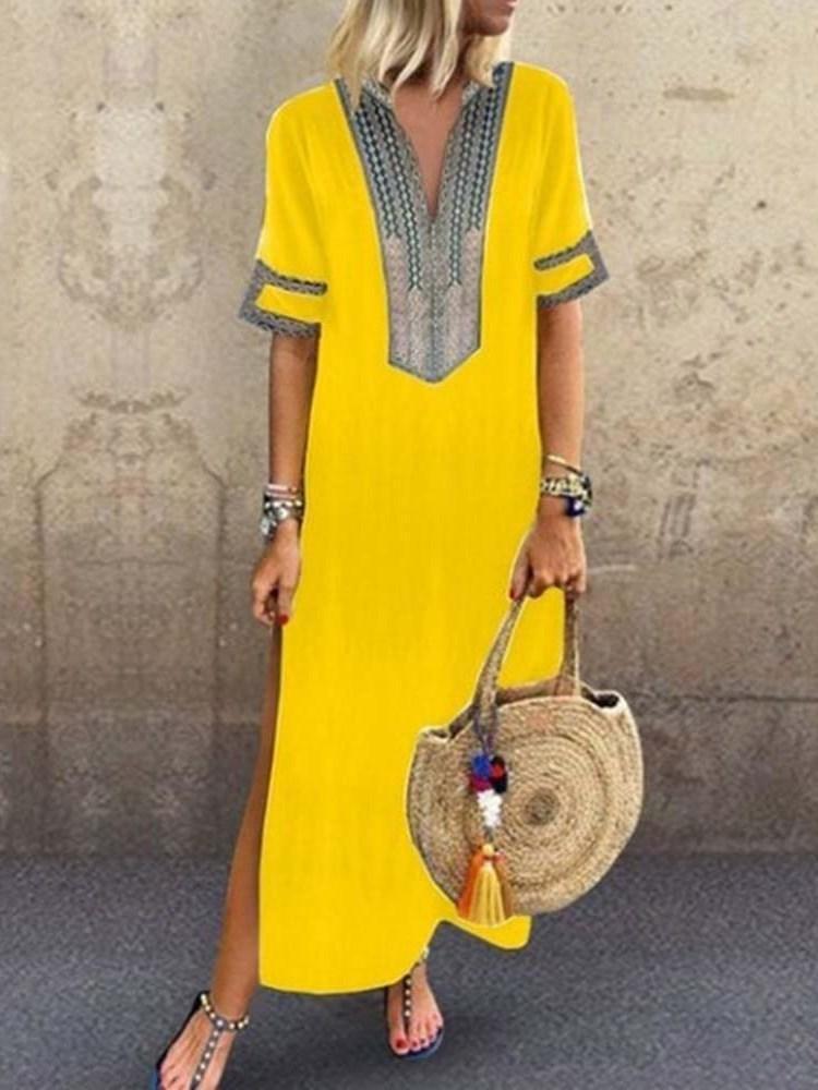 Split Short Sleeve V-Neck Travel Look A-Line Maxi Dress
