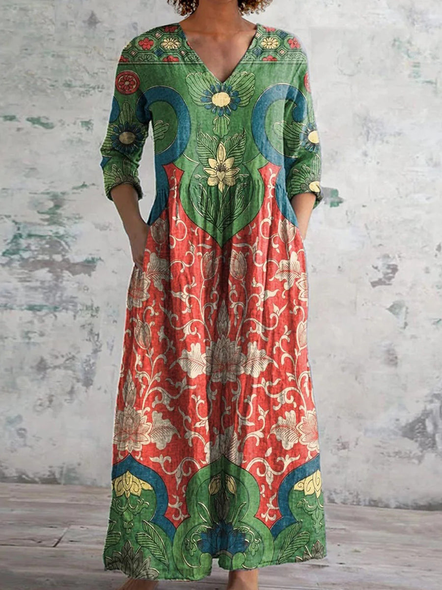 Vintage Floral Print V-neck Long Sleeve Dress