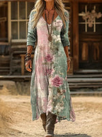 Vintage Floral Print V-neck Long Sleeve Dress