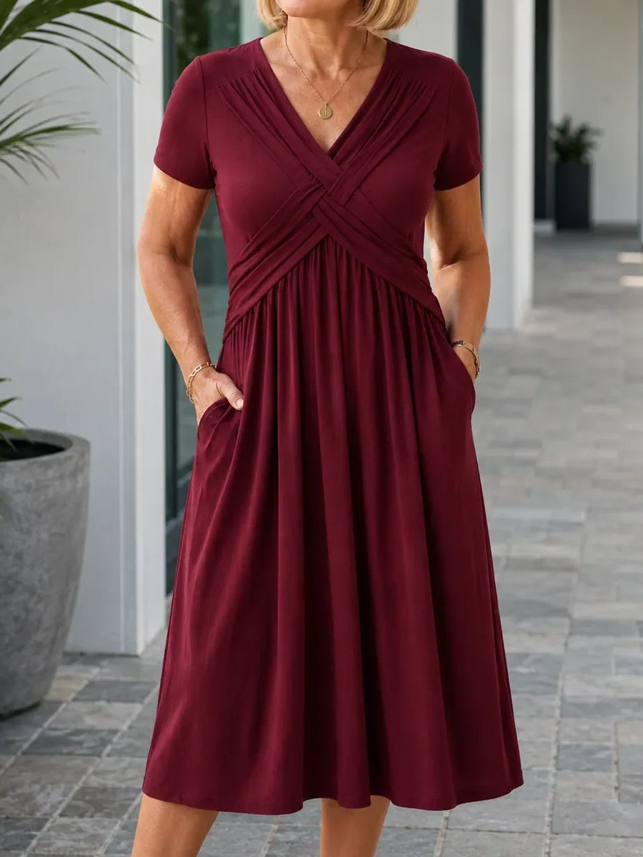 Burgundy Cross Wrap V Neck Short Sleeve Pleated Pocket Midi Dress
