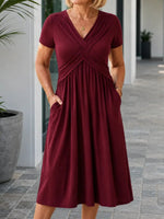 Burgundy Cross Wrap V Neck Short Sleeve Pleated Pocket Midi Dress