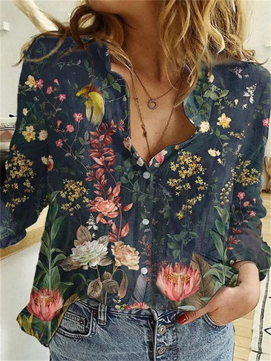 Women?ˉs Vintage Floral Print V Neck Button Long Sleeve Casual Blouse