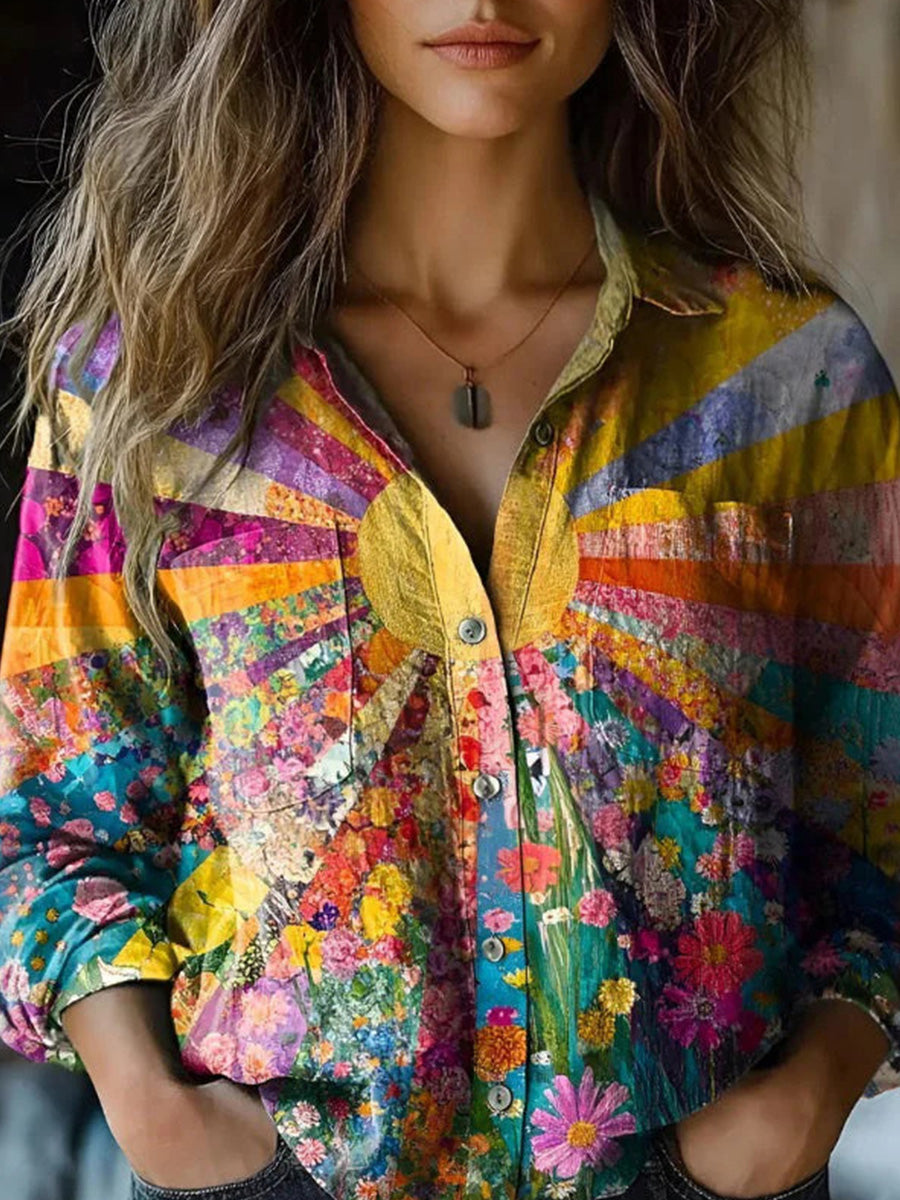 Vintage Floral Print Long Sleeve Blouse