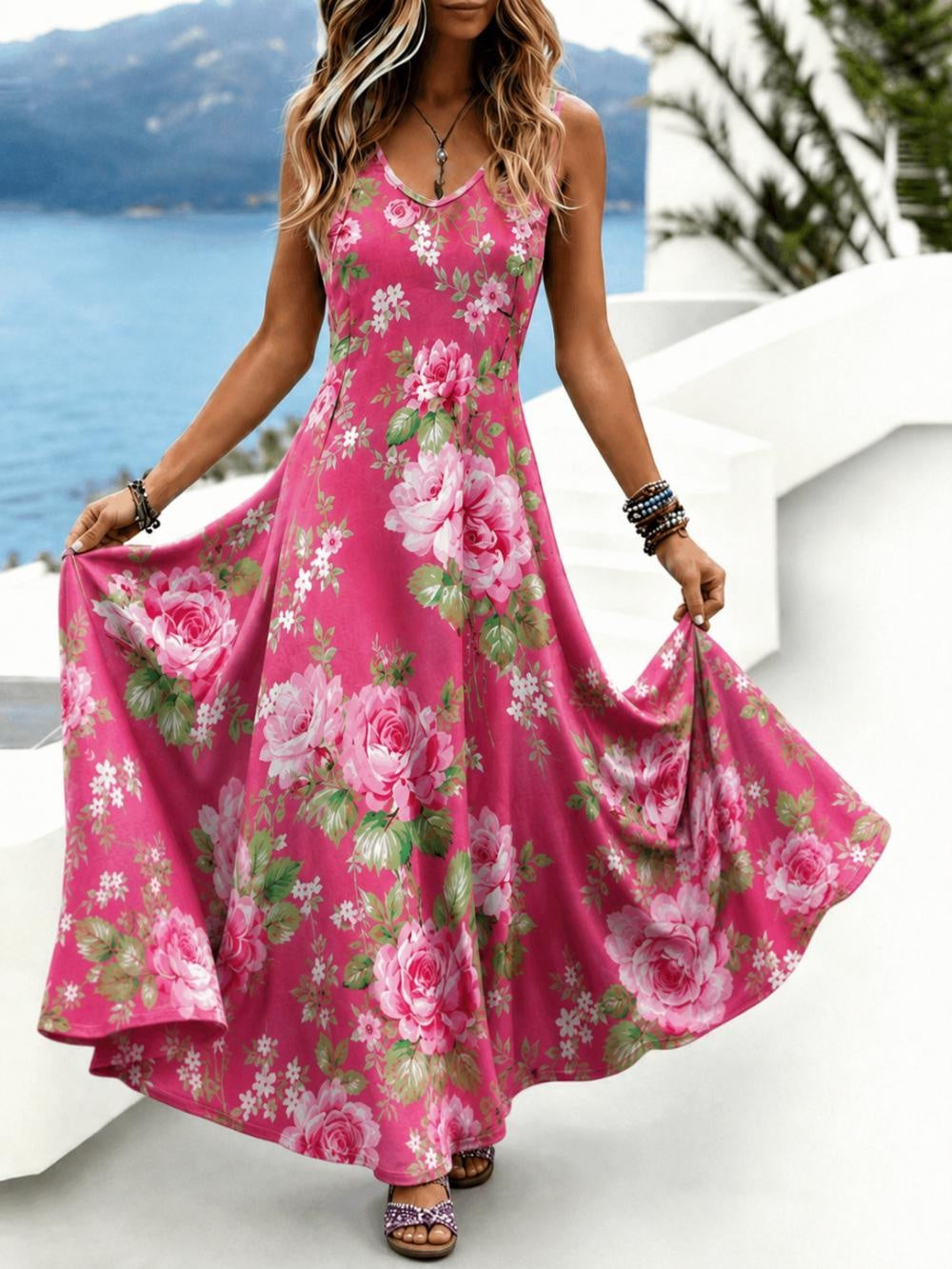Pink Big Floral V Neck Sleeveless Tank A-Line Maxi Dress For Spring/Fall