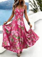 Pink Big Floral V Neck Sleeveless Tank A-Line Maxi Dress For Spring/Fall