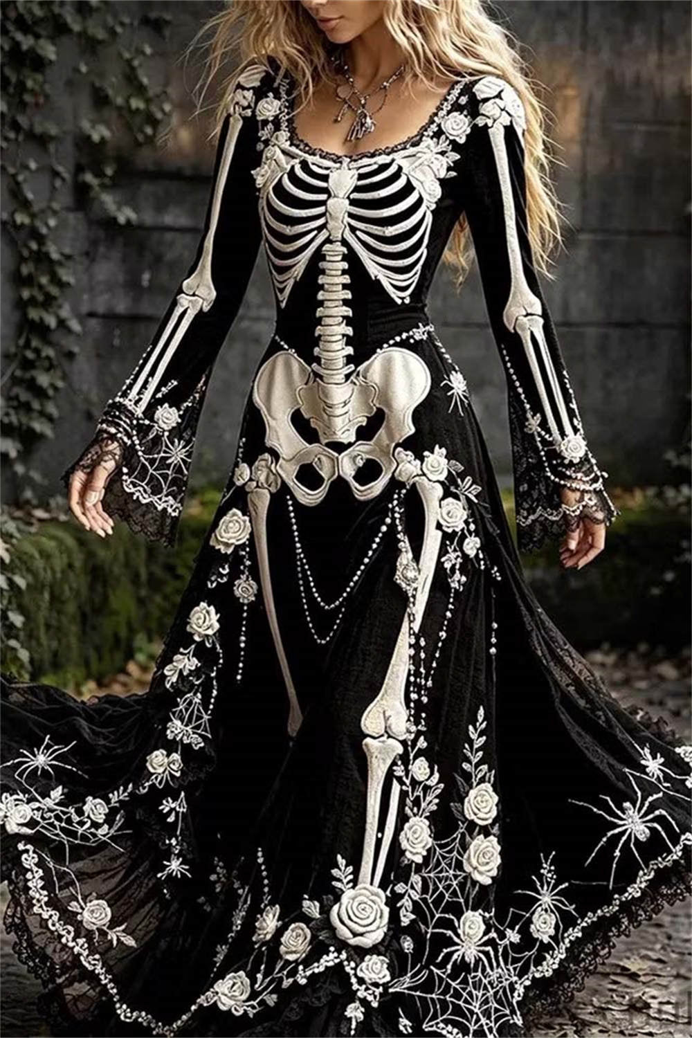 Women's Halloween Black Skeleton Floral Square Neck Long Sleeves Maxi Dress