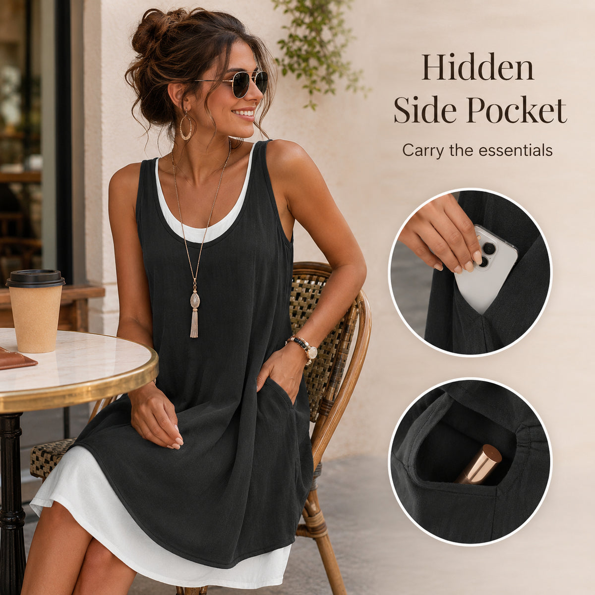Women 2-in-1 Linen Sleeveless Pocket Summer Dress