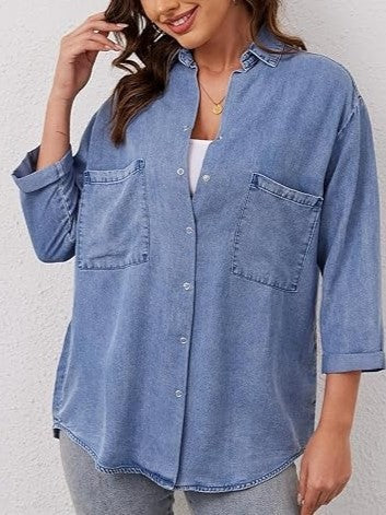Women's Loose Pocket Denim Shirt Tops
