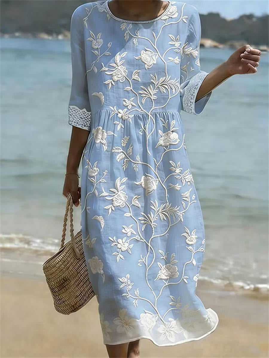 Women's Light Blue Floral Embroidery Lace Cuff Round Neck 3/4 Sleeve Midi Dress