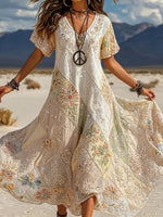 Women's Boho Ivory Floral Patchwork Beaded V Neck Short Sleeve Maxi Dress