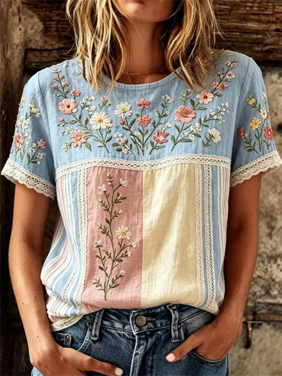 Women's Multi Block Stripe Floral Embroidery Lace Trim Round Neck Short Sleeve Blouse