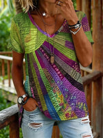 Women's Retro Green Purple Patchwork Quilt Texture Print V Neck Short Sleeve Blouse