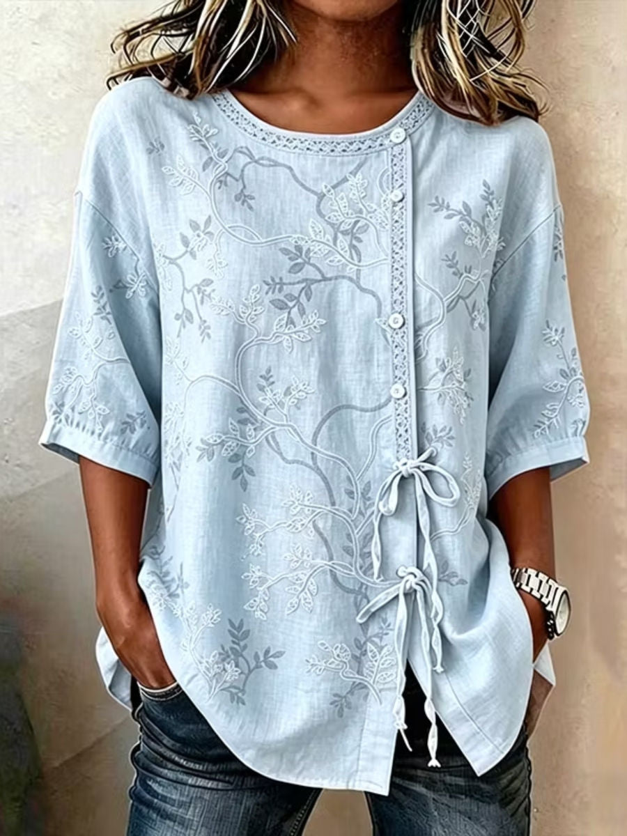 Women's Blue Vine Leaf Embroidery Lace Trim Round Neck Half Sleeve Drawstring Blouse