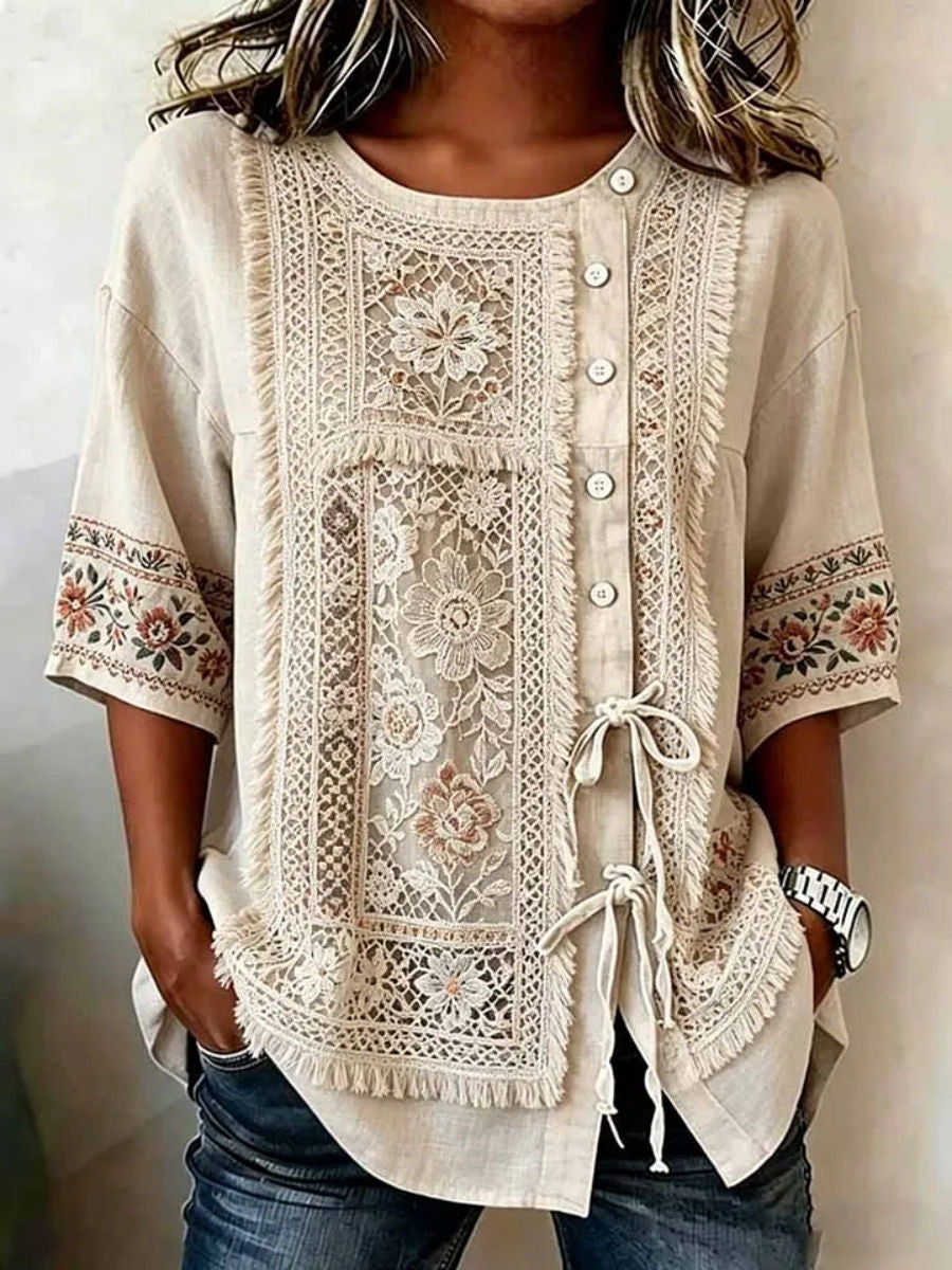 Women's Beige Floral Lace Fringe Round Neck Half Sleeve Drawstring Blouse