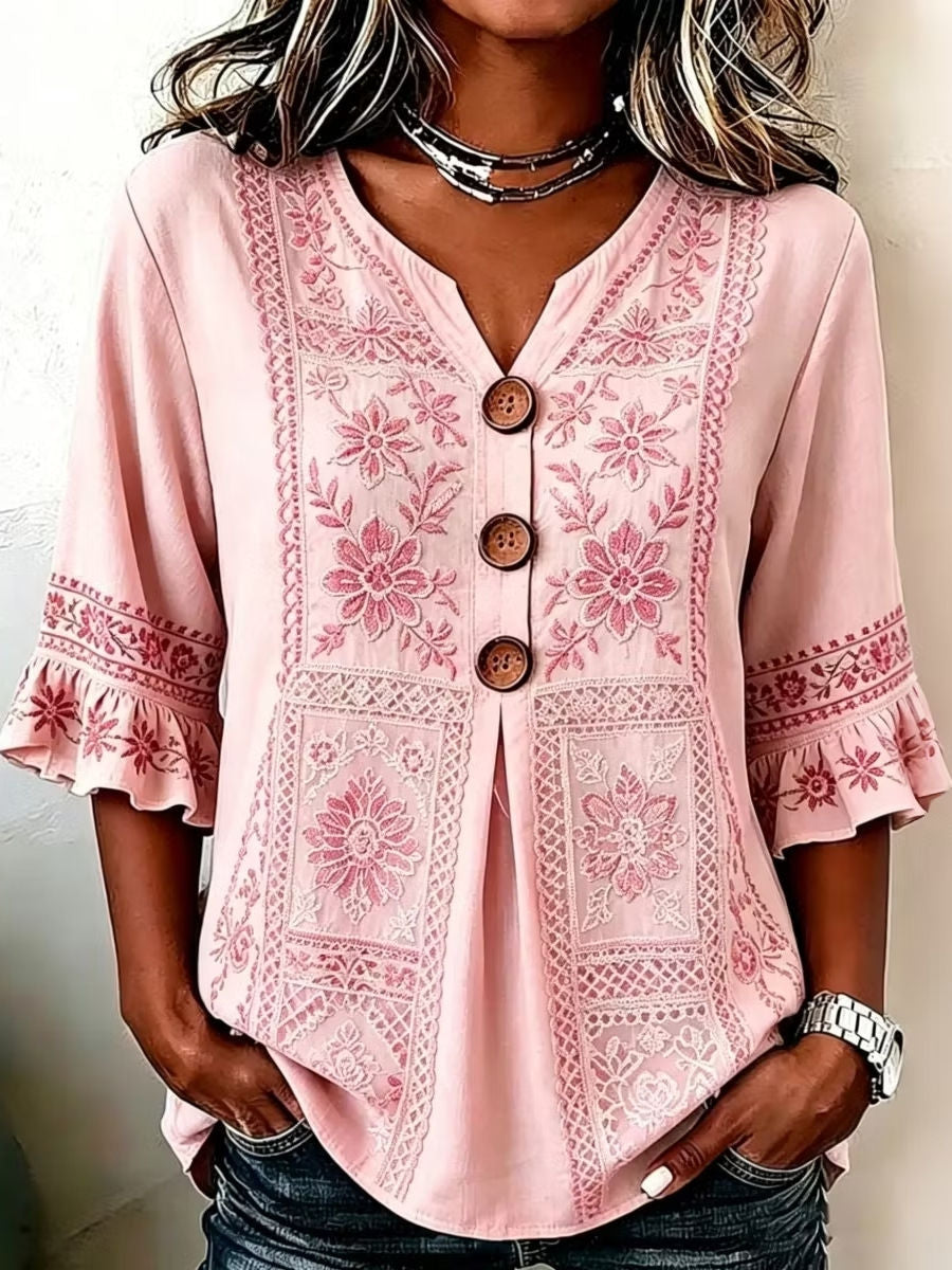 Women's Pink Floral Embroidery Lace V Neck 3/4 Ruffle Sleeve Blouse