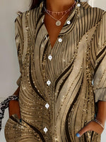 Women Shirt Collar Long Sleeve Abstract Swirl Print Loose Button Up Shirt