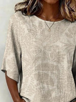 Women Crew Neck Half Sleeve Leaf Print Casual Blouse