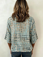 Crew Neck Half Sleeve Geometric Printing Regular Micro-Elasticity Loose Blouse For Women