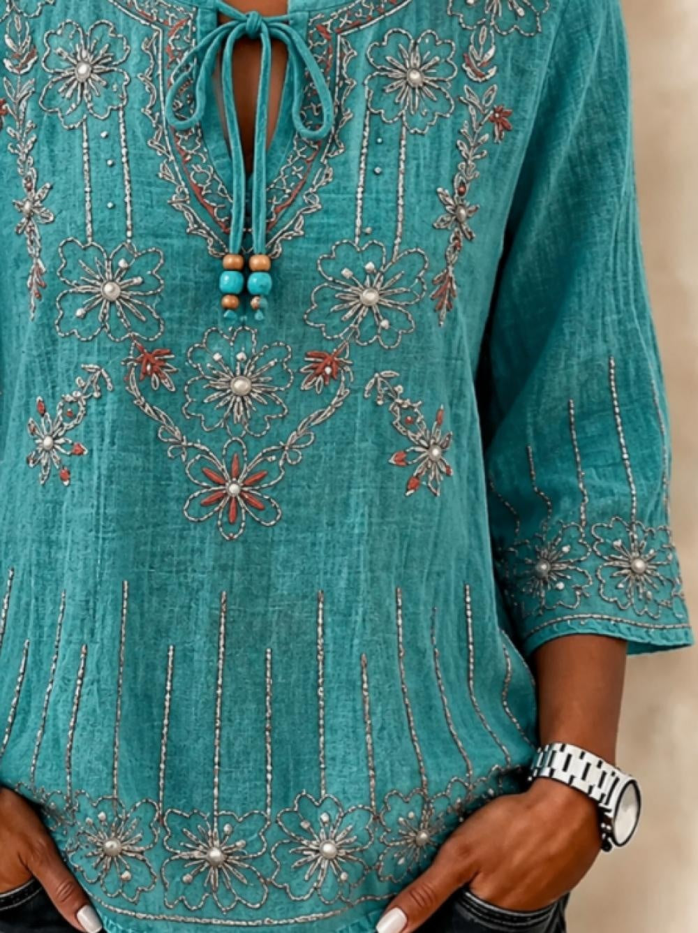 V Neck Half Sleeve Floral Regular Loose Blouse For Women