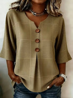 Stand Collar Three Quarter Sleeve Plain Regular Loose Shirt For Women