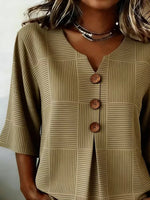Women V Neck Half Sleeve Brown Striped Peplum Regular Fit Blouse