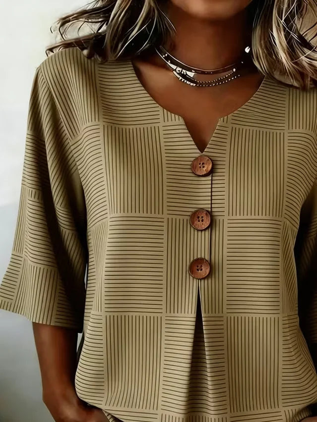 Stand Collar Three Quarter Sleeve Plain Regular Loose Shirt For Women