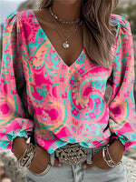 Women Floral V Neck Long Sleeve Pink Paisley Casual Spring/Fall Blouse