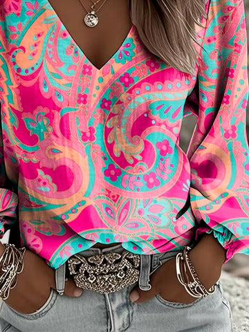Women Floral V Neck Long Sleeve Pink Paisley Casual Spring/Fall Blouse