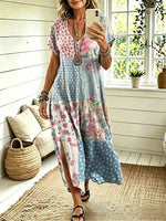 Patchwork Floral Print V Neck Short Sleeve Loose A Line Midi Dress With Side Slits
