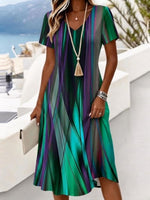 Gradient Green Purple Striped Abstract V Neck Short Sleeve Loose Midi Casual Dress