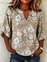 Khaki 3D Floral Embroidery V Neck Half Sleeve Loose Blouse For Women