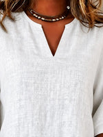 White Plain Half Open Collar 3/4 Sleeve Loose Linen Blouse For Women