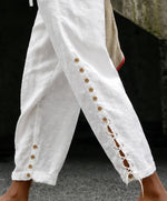 White Linen Drawstring Waist Ankle Pants With Side Button Lace-Up Detail For Women