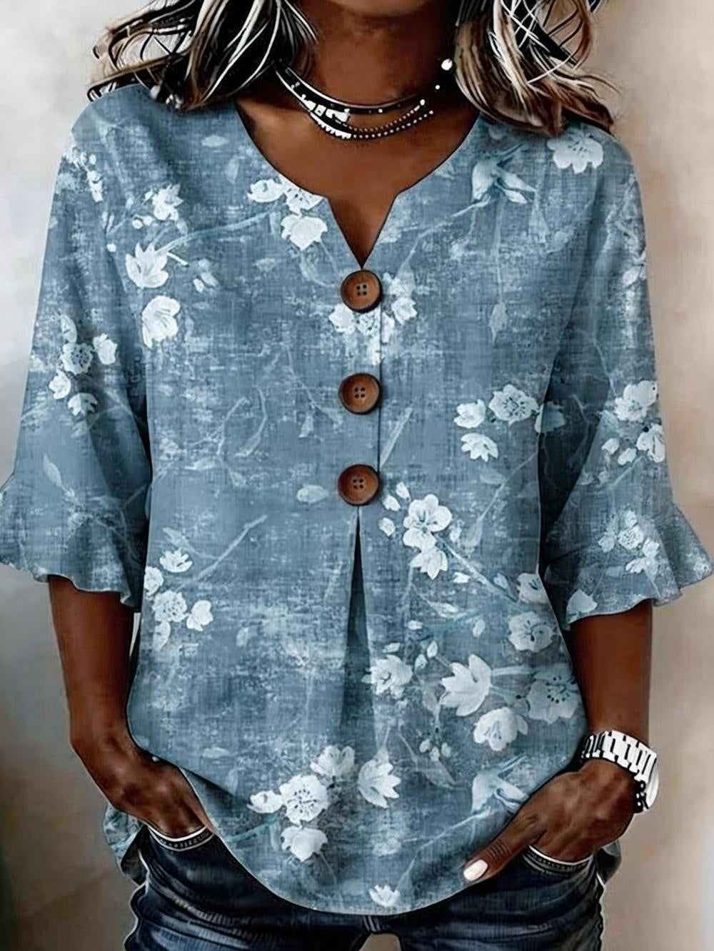Blue Vintage White Floral V Neck Half Ruffle Sleeve Blouse For Women