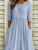 Blue Thin Vertical Stripe Crew Neck Half Sleeve H-Line Midi Dress For Women