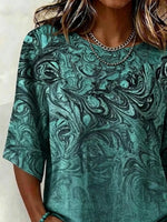 Green Marbled Swirl Abstract Print Crew Neck Half Sleeve Loose Blouse For Women