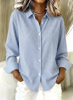 Light Blue Thin Vertical Stripe Lapel Collar Long Sleeve Button Down Shirt For Women