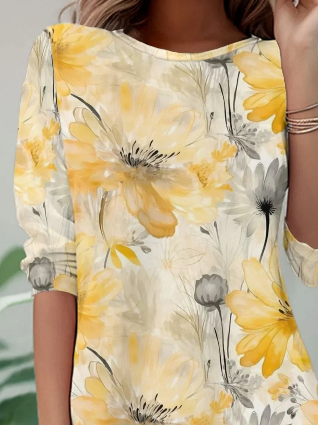 Yellow Watercolor Floral Crew Neck Three-Quarter Sleeve Jersey Casual T-Shirt For Women
