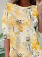 Yellow Watercolor Floral Crew Neck Three-Quarter Sleeve Jersey Casual T-Shirt For Women