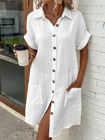 White Textured Shirt Collar Single Breasted Rolled Short Sleeve Pocket Loose Mini Shirt Dress For Women