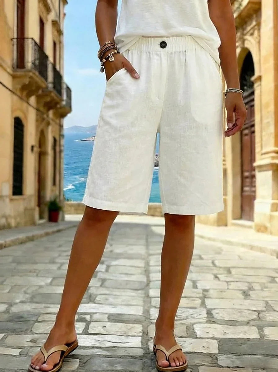 White Elastic Drawstring Waist Single Button Cotton Blend Loose Knee-Length Bermuda Shorts For Women
