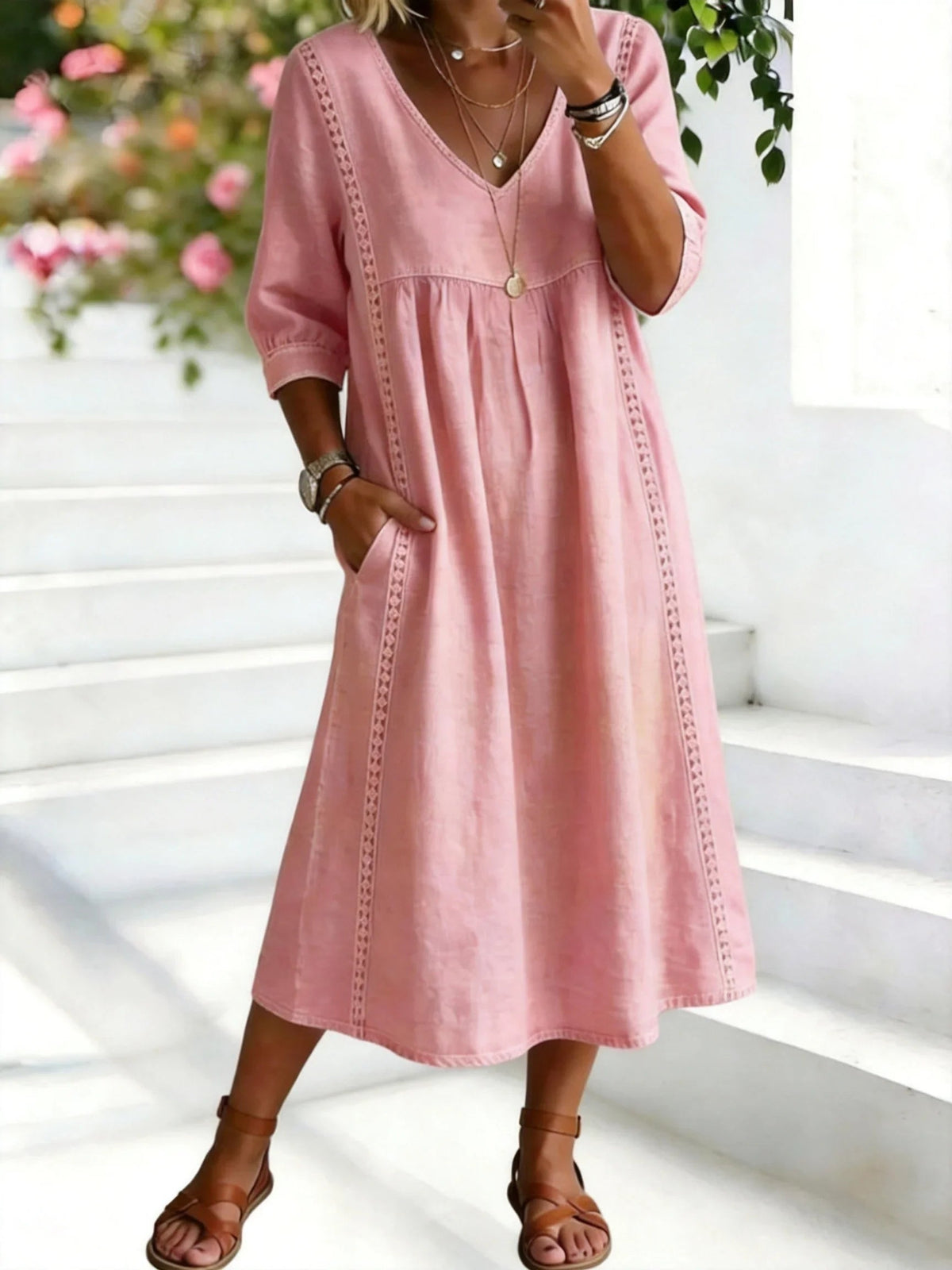 Cotton Linen V Neck Loose Midi Dress