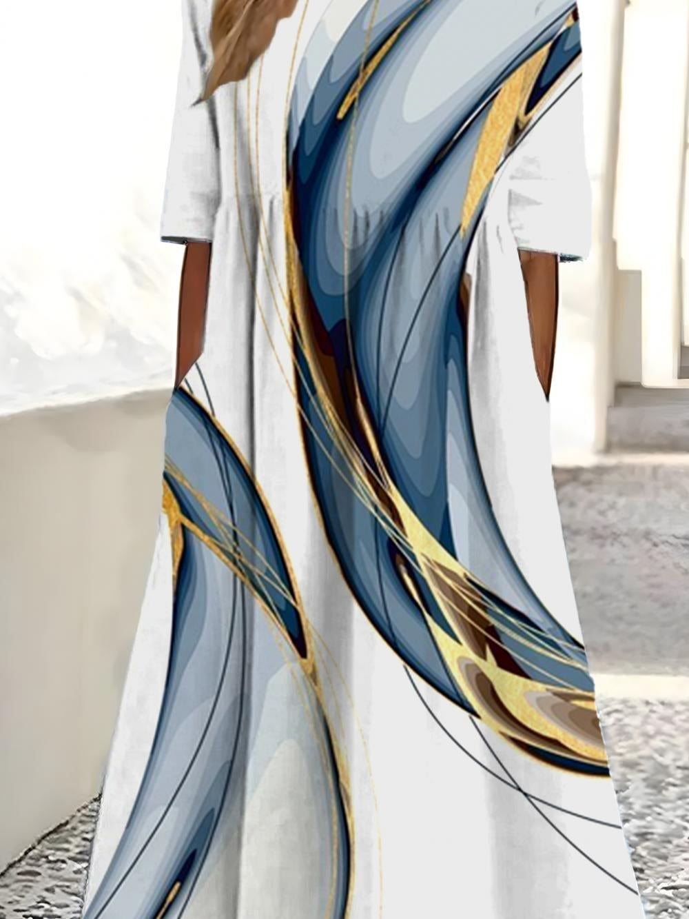 Gradient Abstract Line Print Half Sleeve Maxi Shirt Dress