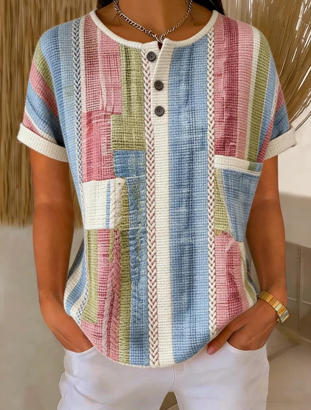 Color Block Geometric Striped Short Sleeve Button Top