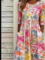 Floral Crew Neck Half Sleeve A-Line Maxi Dress
