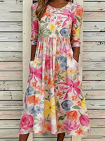 Floral Crew Neck Half Sleeve A-Line Maxi Dress