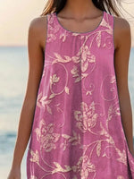 Plant Leaf Print Sleeveless Crew Neck A-Line Midi Dress