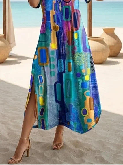 Abstract Geometric Print Crew Neck Short Sleeve Regular Fit H-Line Maxi T-Shirt Dress